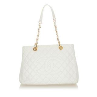 Chanel White Caviar Leather Quilted Grand Shopper Tote 
