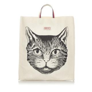 Gucci Ivory Canvas Cat Print Tote Bag
