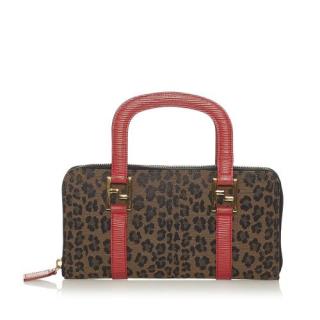 Fendi Red Leather and Leopard Print Canvas Bag