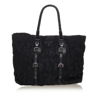 Prada Black Tessuto Gaufre Ruched Nylon Tote Bag
