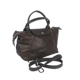 Longchamp Dark Brown Leather Le Pliage Leather Tote Bag