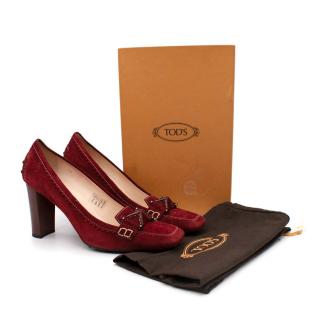Tod's Burgundy Suede Gommino Heeled Loafers