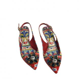 Dolce & Gabbana Red Caretto Printed Slingback Heeled Pumps
