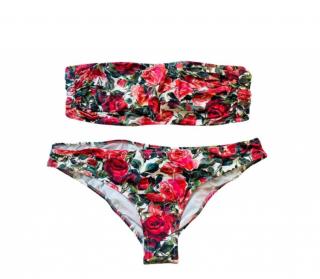 Dolce & Gabbana Red Rose Print Bandeau Bikini