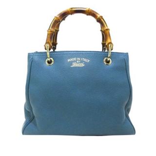 Gucci Blue Leather Bamboo Top Handle Bag