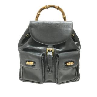 Gucci Vintage Black Leather Bamboo Backpack