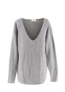 Frame Grey Ribbed Knit V-Neck Wool Blend Sweater