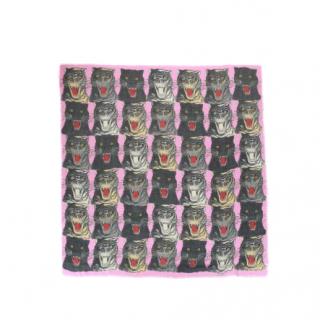 Gucci Pink Tiger Head Printed Cashmere Blend Scarf