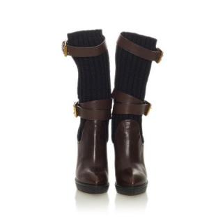 Gucci Brown Leather & Knit Lifford Platform Boots