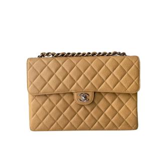 Chanel Beige Caviar Leather Quilted Jumbo Flap Bag