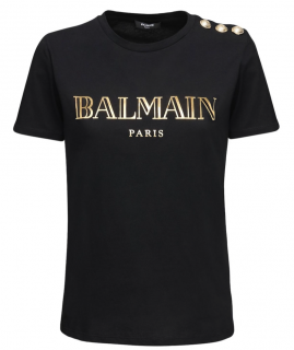 Balmain Black Cotton Gold-Foil Logo T-Shirt