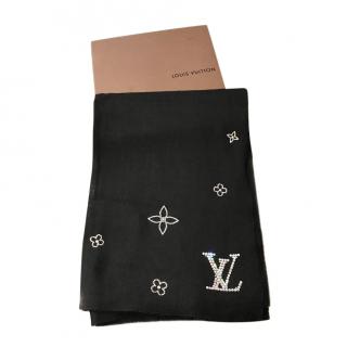 Louis Vuitton Black Cashmere Monogram Embroidered Shawl Scarf
