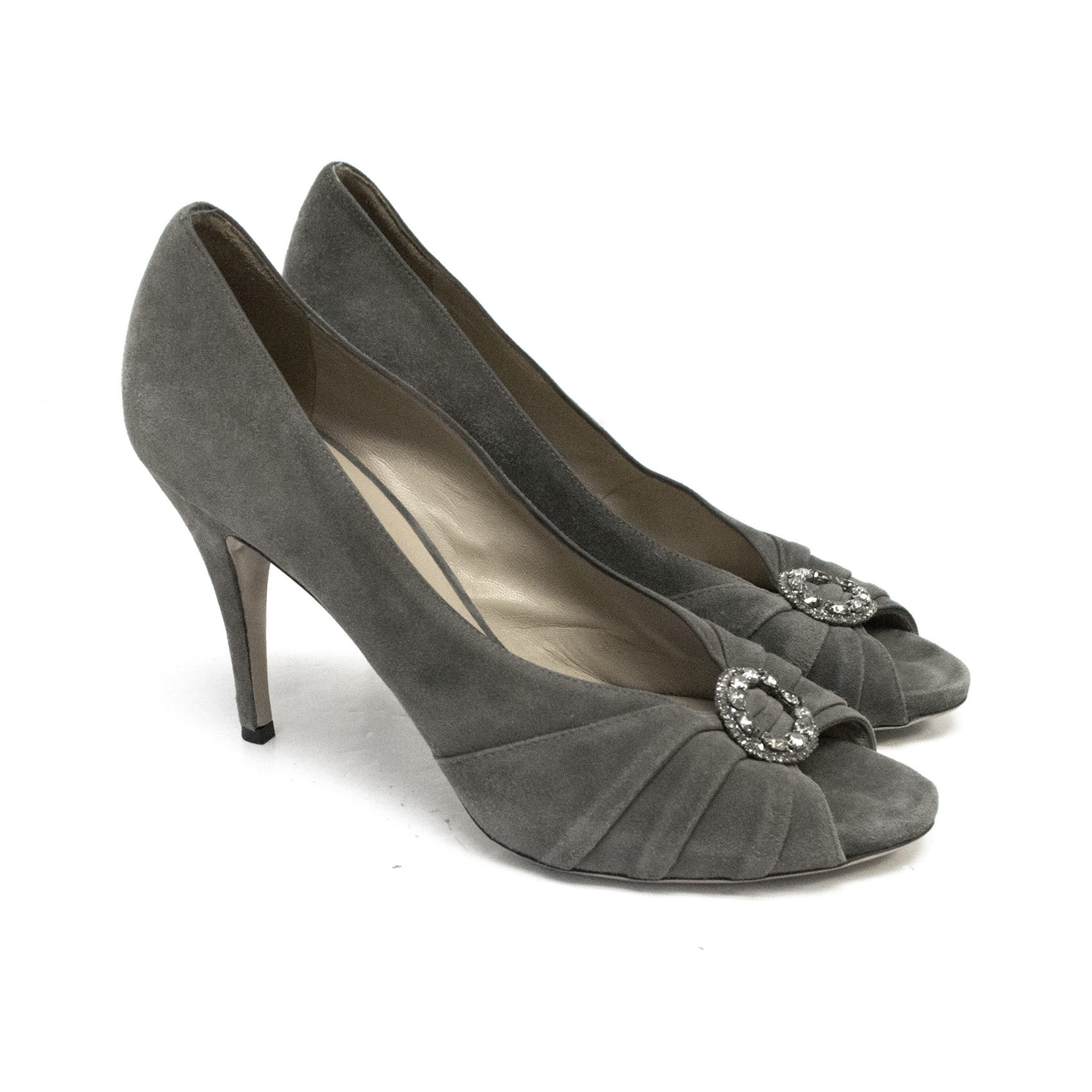 grey suede peep toe heels