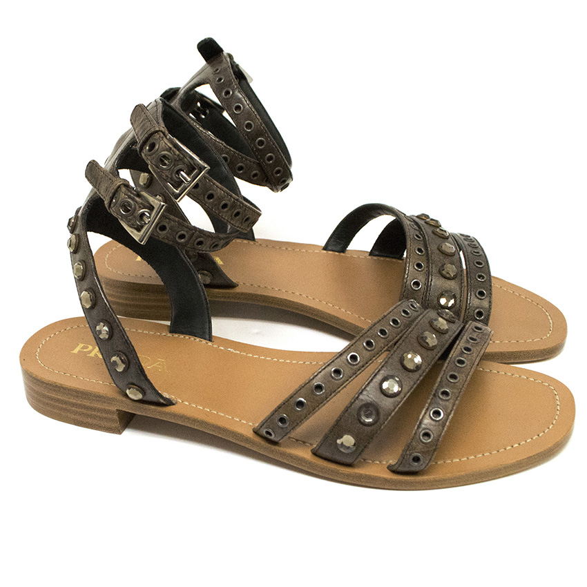 Prada Brown Flat Strappy Sandals With Stones | HEWI