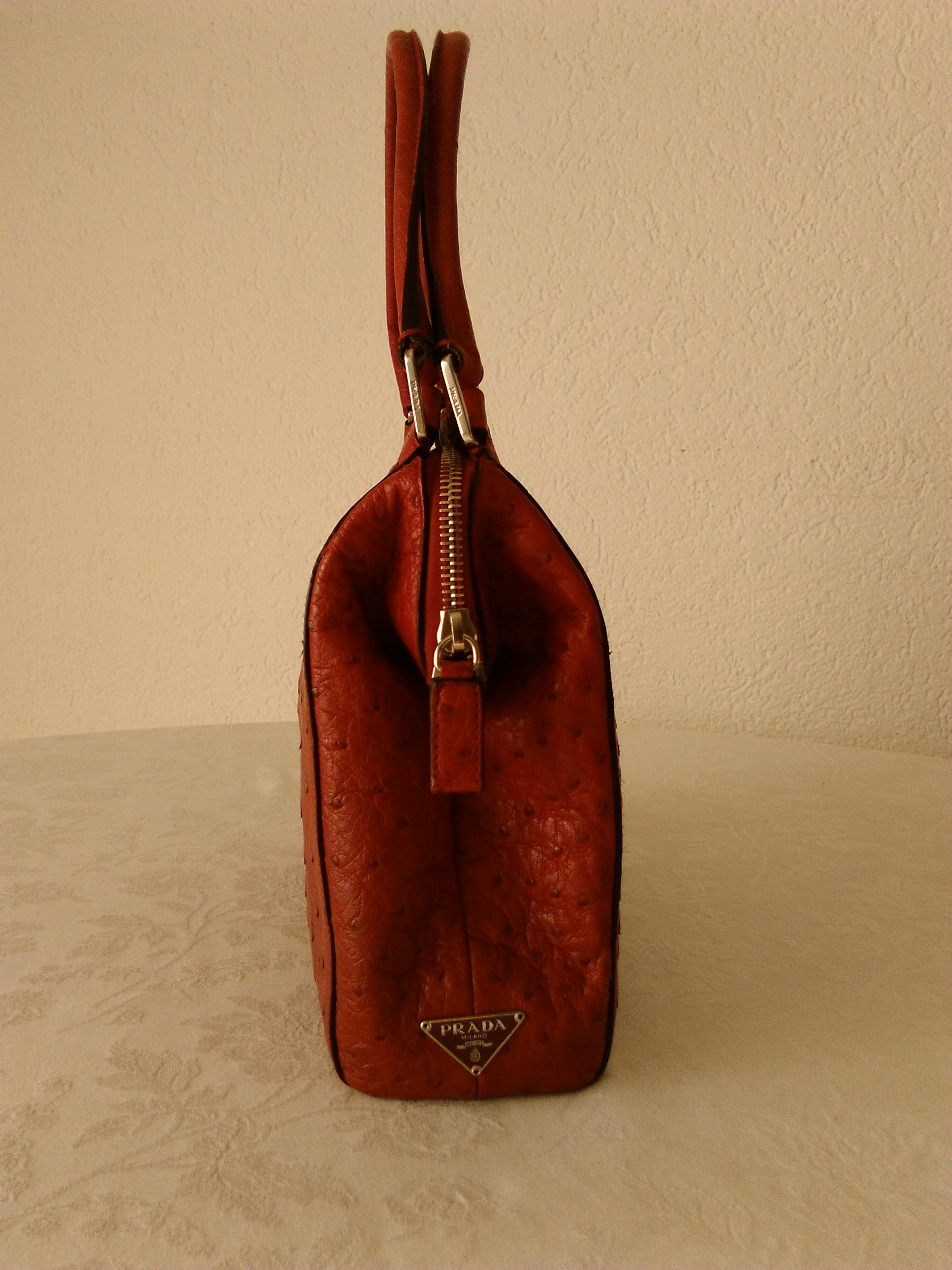 red ostrich bag