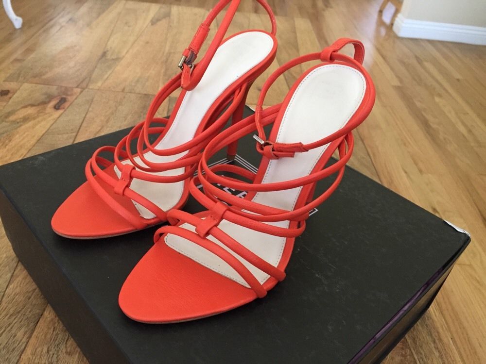 Herve Leger Odette Coral Red Lamb Leather Strappy Sandals Heels Laceup ...