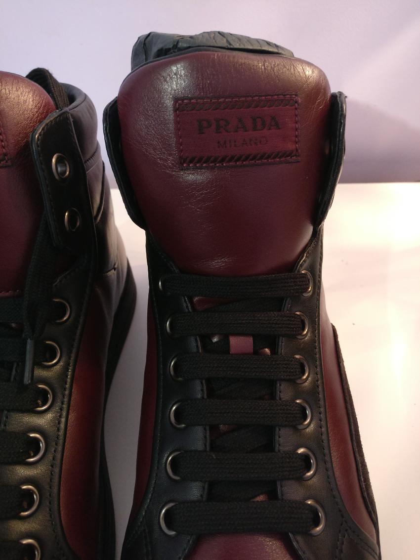 Prada Leather High Top Sneakers In Burgundy | HEWI